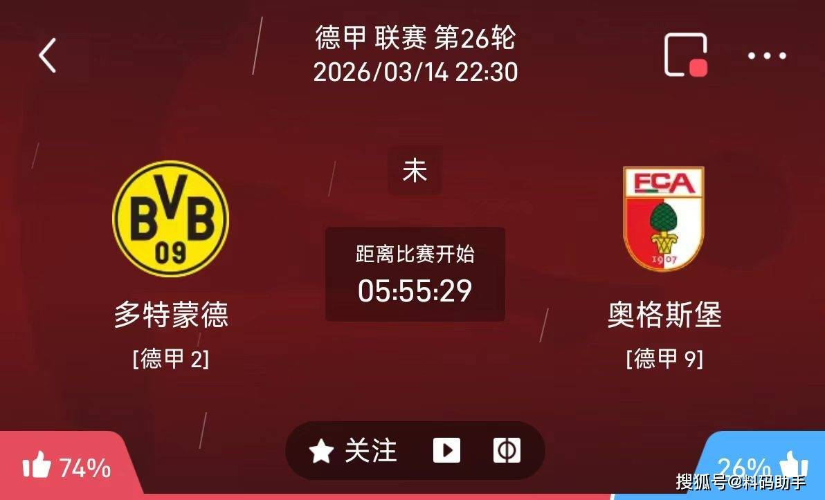 今日足球推荐:3/14 22点30德甲 多特蒙德vs奥格斯堡
